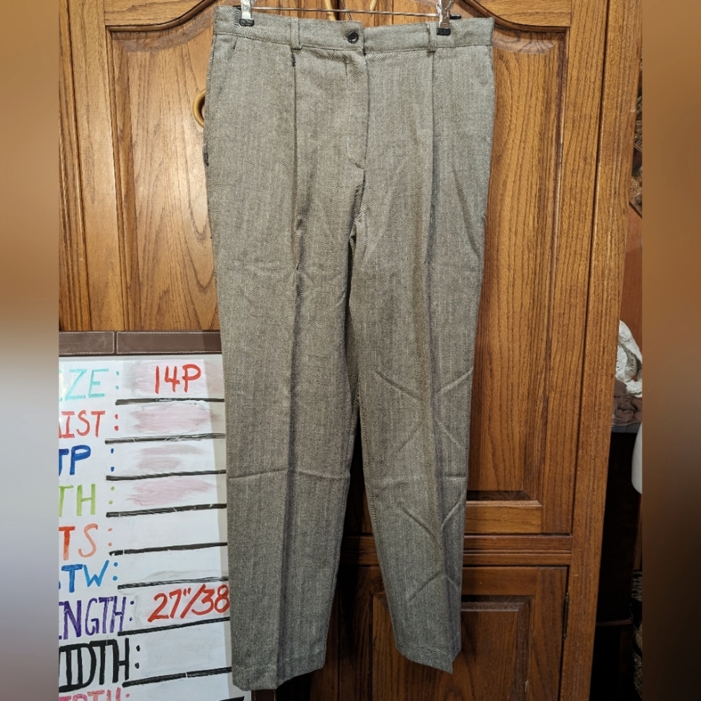 Savion 14P vintage herringbone taupe pleated‎ tapered leg slacks